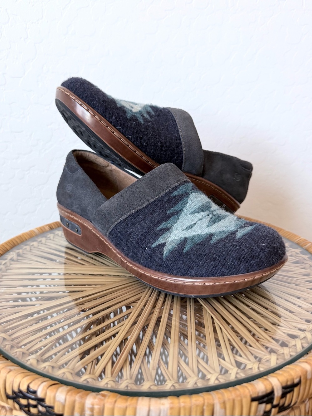 Born Navy Wool Slip-On Clogs with Light Blue Southwestern Accent